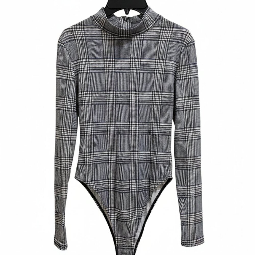 Fashion Nova Glen Plaid Mock Neck Bodysuit - Gray/Black - Small New without tags